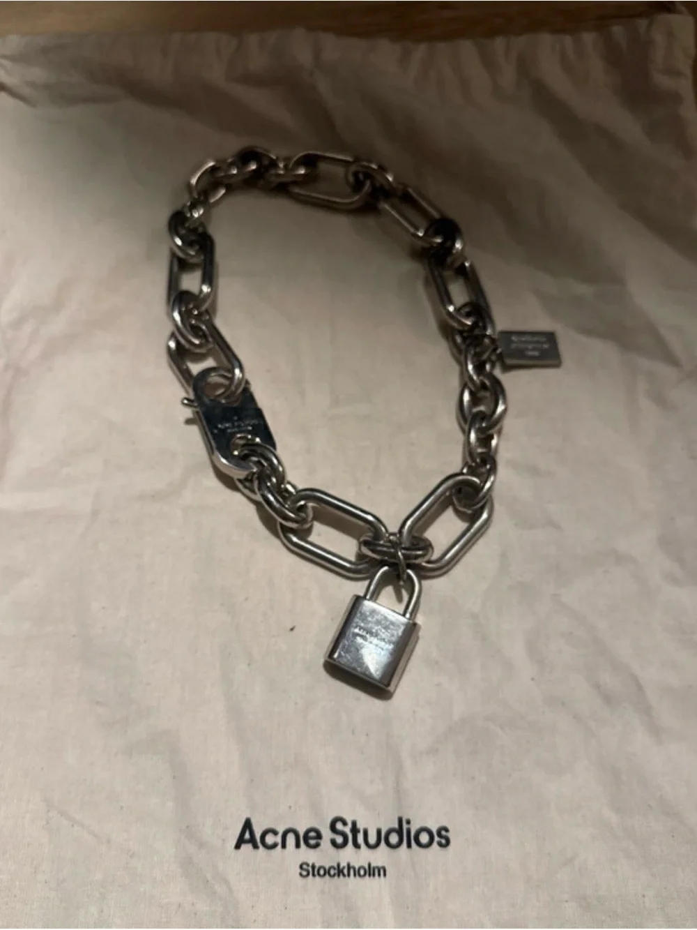 Acne Studio Logo Padlock Chain Necklace Link Charm Vintage Silver